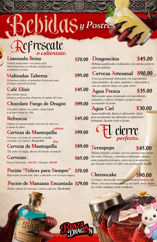 Menú Braza Dragón: bebidas y postres